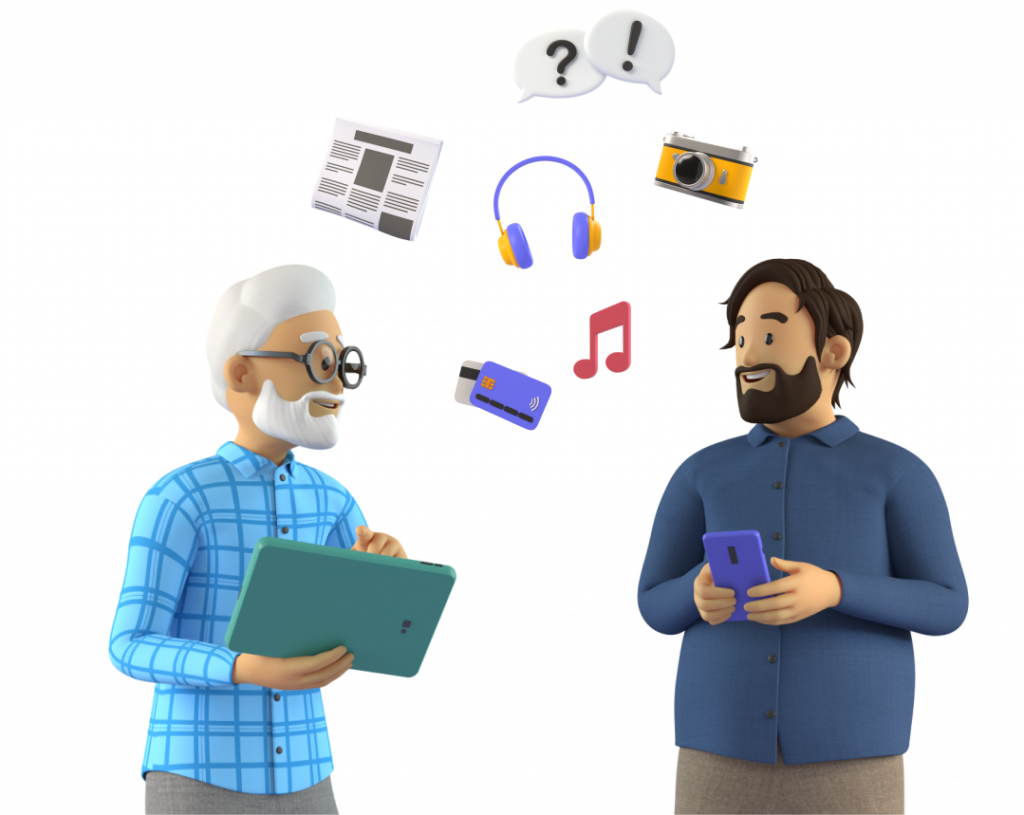 Illustrasjon av to menn i ulike aldre som står vendt mot kvarandre. Han eine har eit nettbrett i hendene, han andre ein mobiltelefon. Over dei svevar ikon for ulike, kvardagslege, digitale gjenstandar.